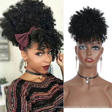 High Afro Puff Hair Pieces For Women Short Kinky Curly Chignon With Bangs Drawstring Ponytail Synthetic Hair Bun Extensions